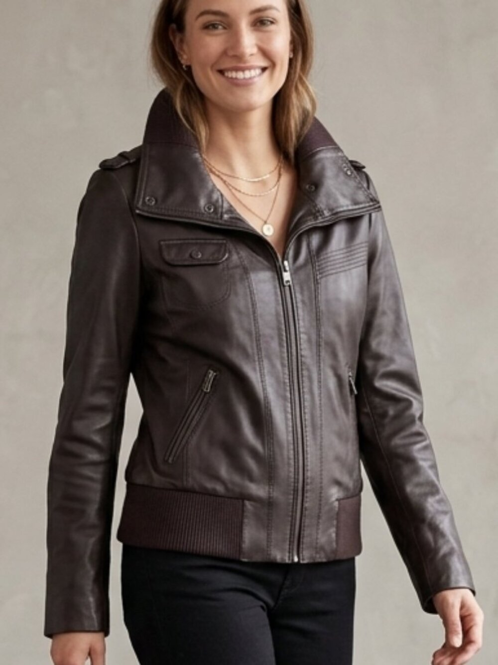 PELLE STUDIO Genuine Leather Jacket Size L Soft Dark Brown Ribbed Trim Moto